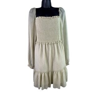 Wilfred Aritzia Smocked Square Neck Dress XL Long Sleeve‎ Tiered Neutral